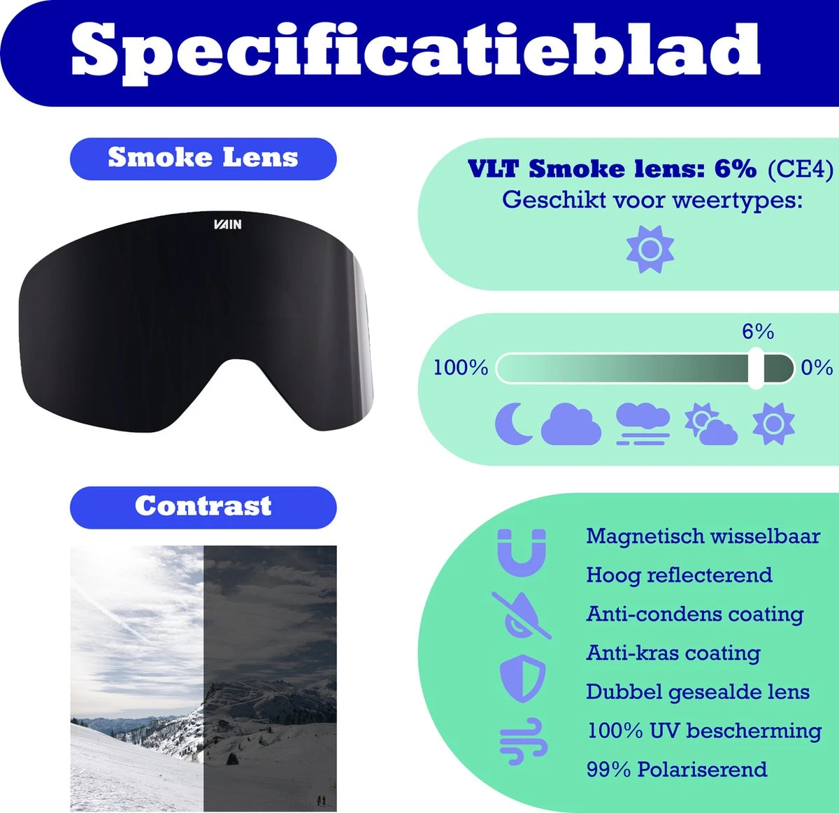VAIN Slopester Skibril Lens - SMOKE - Zwarte CE 4 Lens - Zonnig Weer 5 VAIN Slopester Skibril Lens - SMOKE - Zwarte CE 4 Lens - Zonnig Weer - Afbeelding 5