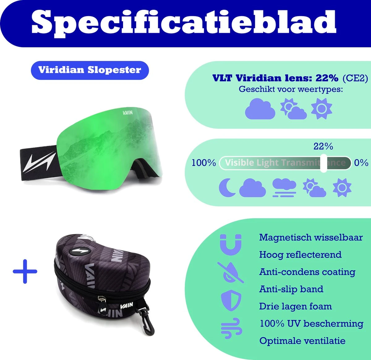 VAIN Viridian Slopester Skibril - Magnetisch Groen Blauwe Spiegel Lens 5 VAIN Viridian Slopester Skibril - Magnetisch Groen Blauwe Spiegel Lens - Afbeelding 5