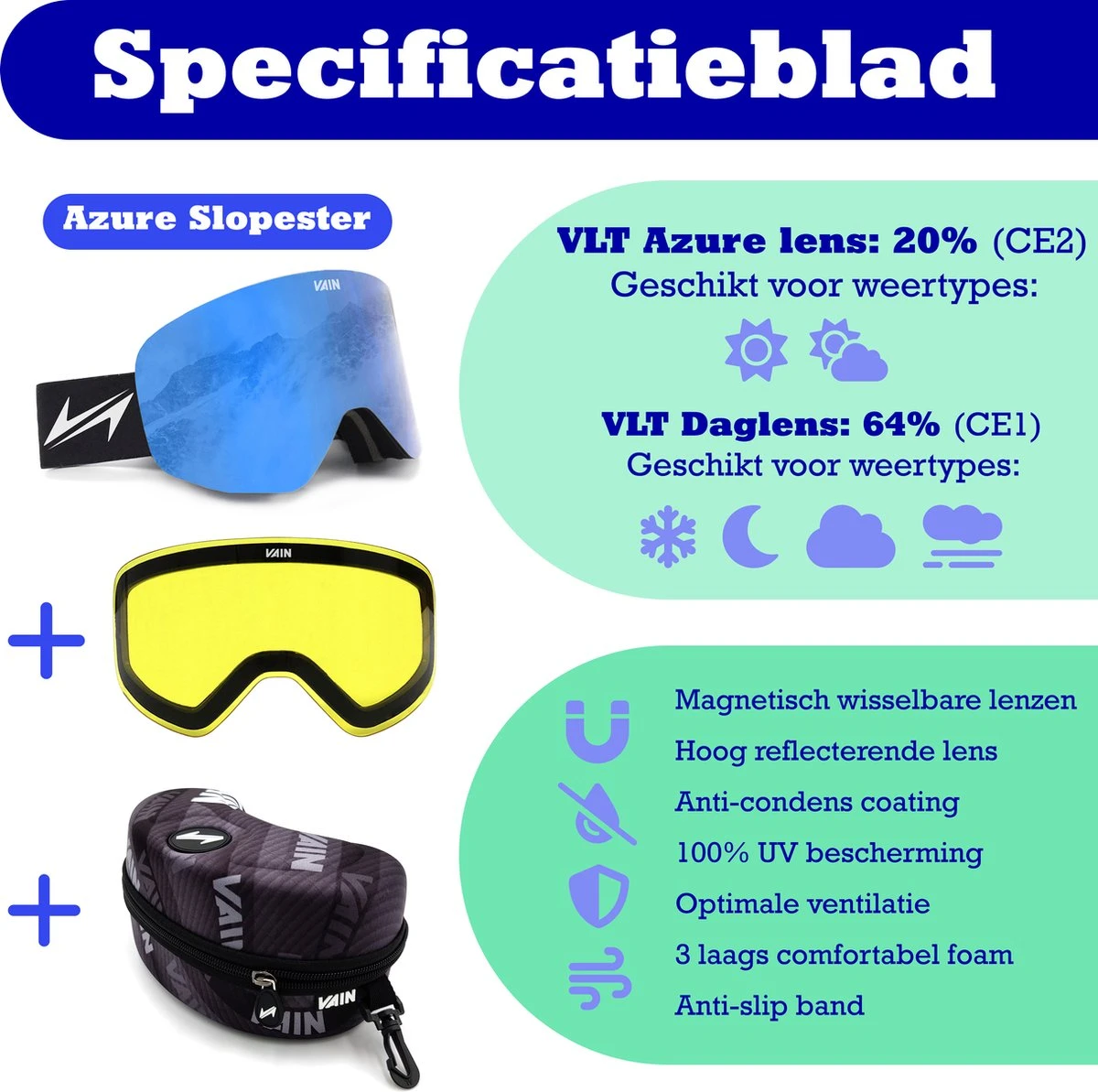 VAIN Azure Slopester Skibril Pack - Anti-condens - Blauwe + Extra Lens 6 VAIN Azure Slopester Skibril Pack - Anti-condens - Blauwe + Extra Lens - Afbeelding 6