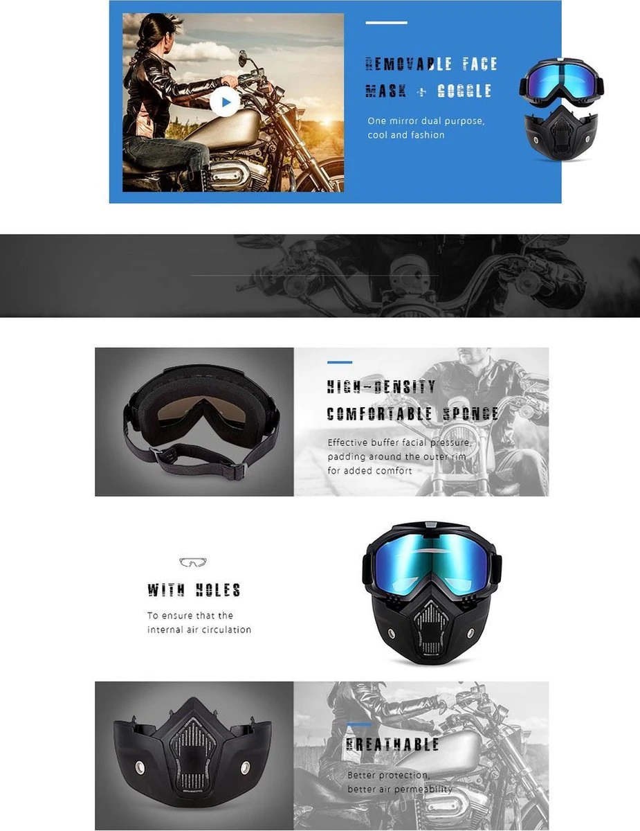 Merkloos Motor-Fiets-Scooter-Ski Bril & Masker I Anti-UV Lens I Zwart 4 Merkloos Motor-Fiets-Scooter-Ski Bril & Masker I Anti-UV Lens I Zwart - Afbeelding 4